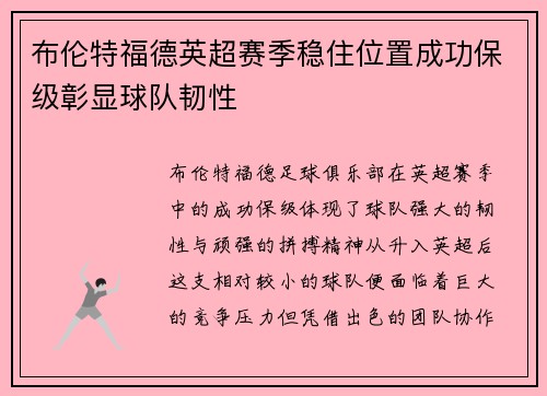 布伦特福德英超赛季稳住位置成功保级彰显球队韧性 布伦特福德英超赛季稳住位置成功保级彰显球队韧性